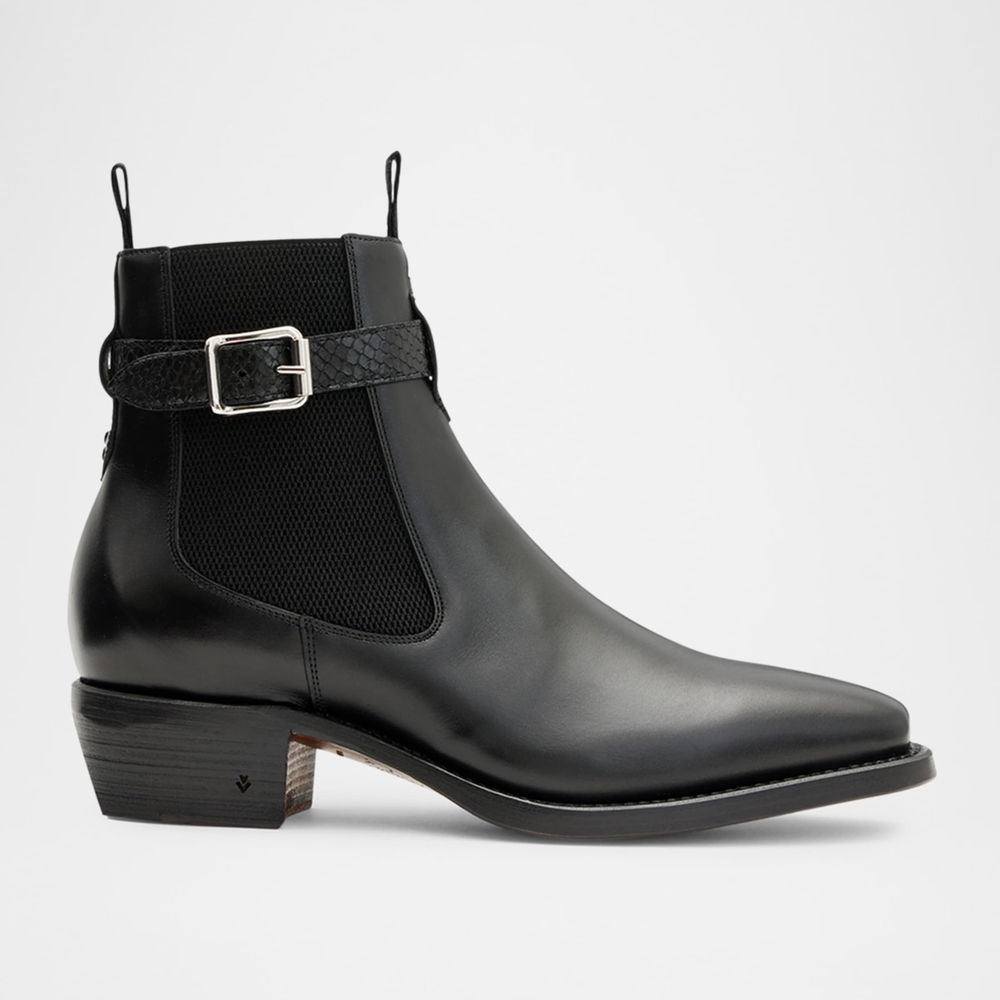 Black Leather Men's Ankle Buckle Boots